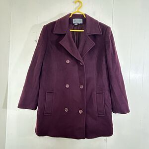 Bromley Vintage Wool Trench Coat Size 14 Deep Purple Double Breasted Button.